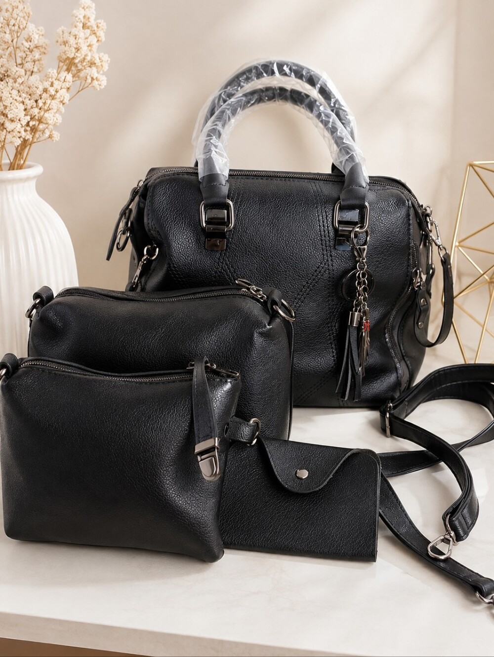 Black Faux Leather 4-Piece Women's Handbag Set